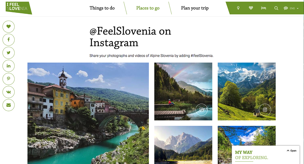 www.slovenia.info web site encourage users to pick their favourite photos and share them on social media.
